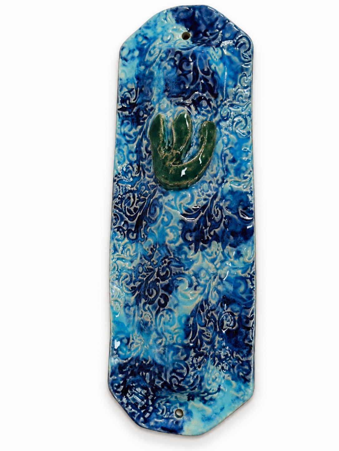 Handmade Ceramic Mezuzah Case “Blue Patterns”