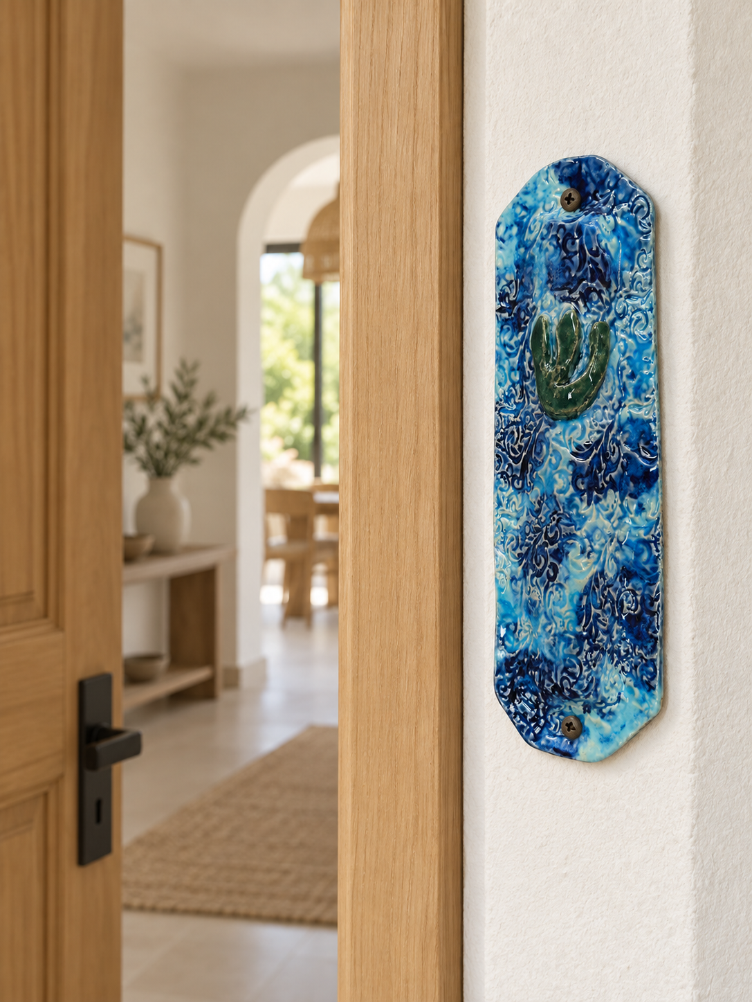 Handmade Ceramic Mezuzah Case “Blue Patterns”